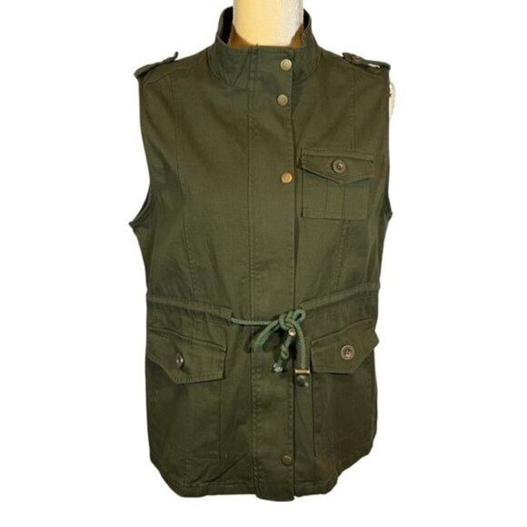 Tickled Teal Olive Green Utility Vest With Pockets & Adjustable Waist Womens M - Picture 1 of 11